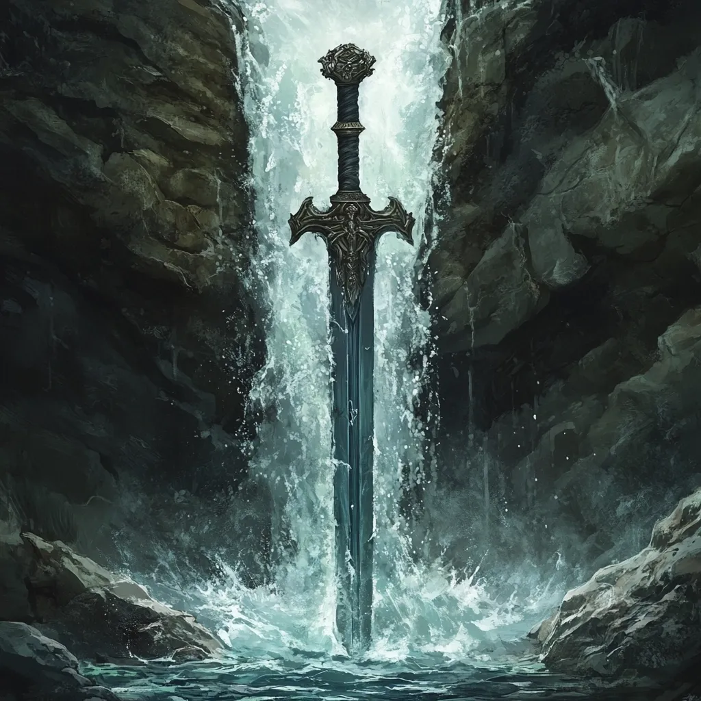 A dark, ornate sword is planted firmly in the rocky bed of a small waterfall.  The water cascades down around the blade, partially obscuring it.  The scene is shrouded in shadow, creating a mystical and powerful atmosphere. The sword's hilt is intricately detailed, contrasting with the rough texture of the surrounding stones.  The overall image evokes a sense of legend and hidden power.