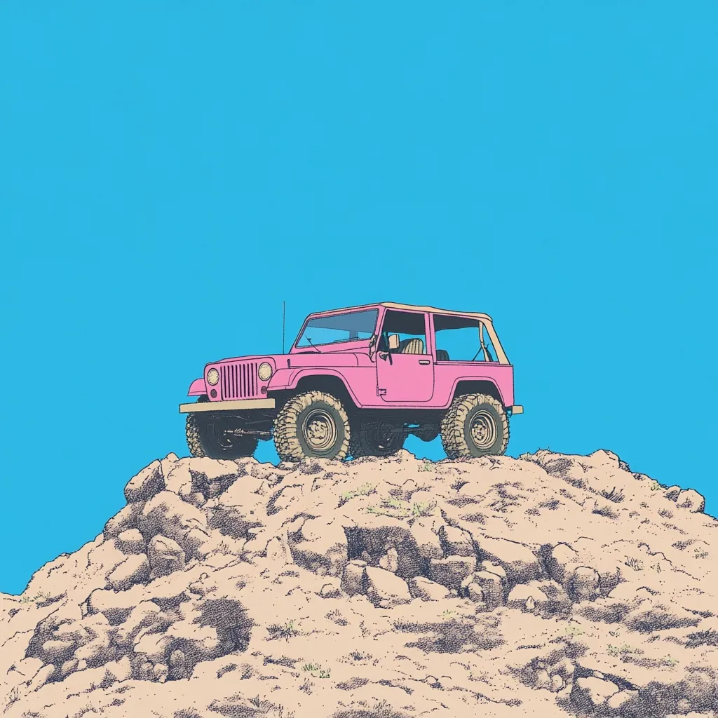 A vibrant pink Jeep, rendered in a pop art style, sits atop a rocky hill against a bright blue sky.  The Jeep's large tires suggest off-road capability.  The illustration is stylized, with a focus on bold colors and clean lines, creating a striking visual contrast between the vehicle and the landscape.