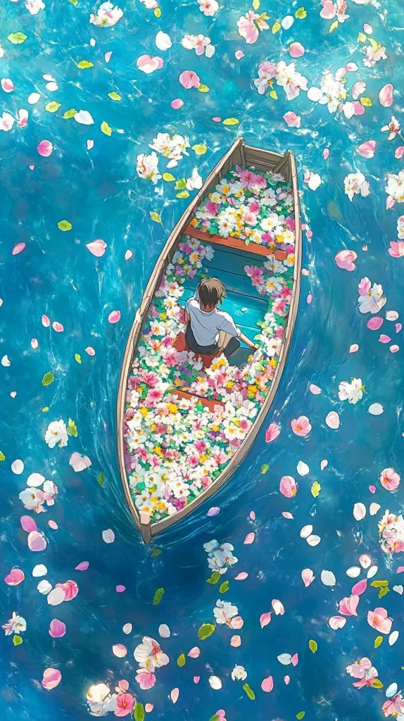 A person sits in a small wooden boat adrift on tranquil blue water.  The boat is filled with a profusion of colorful blossoms, and the water is scattered with falling petals.  The scene is serene and dreamlike, evoking a sense of peace and tranquility.  The vibrant colors and delicate flowers create a visually stunning and enchanting image.