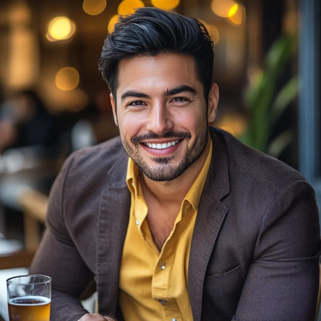 A handsome man with dark hair and a well-groomed beard smiles warmly at the camera. He's dressed in a brown blazer over a mustard-yellow shirt, suggesting a relaxed yet stylish look. The background is blurred, indicating an indoor setting, possibly a restaurant or bar, with warm lighting suggesting an evening atmosphere.  A glass of beer sits on the table in front of him.