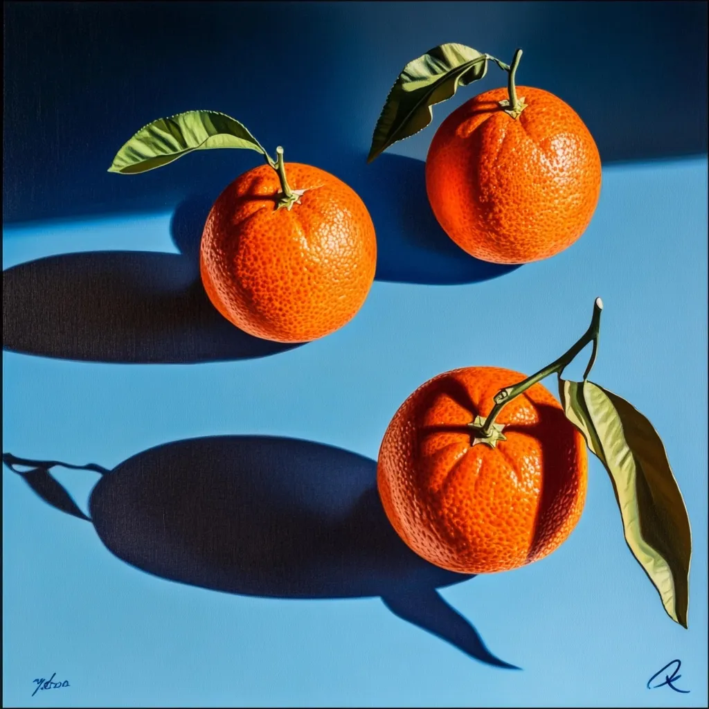 Three bright orange mandarins, each with a green stem and leaf, rest on a vibrant blue surface.  Strong sunlight casts dramatic shadows, enhancing the texture and vibrancy of the fruit. The composition is simple yet striking, showcasing the artist's skill in capturing light and detail.  The overall effect is one of freshness and natural beauty.