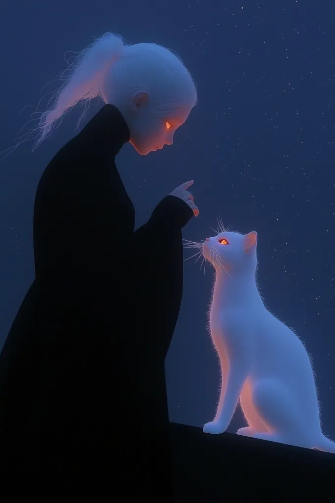 A stylized illustration depicts a young woman with pale skin and white hair in a ponytail, wearing a dark, flowing robe.  She gently interacts with a luminous white cat, its eyes glowing a warm orange. The scene is set against a deep blue, starlit night sky, creating a serene and mystical atmosphere. The overall style is soft, ethereal, and evocative of fantasy art.