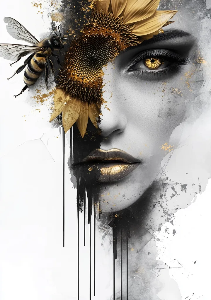 A striking abstract portrait blends a woman's face with a sunflower and a bee.  Rendered in grayscale with accents of gold, the artwork features dripping black paint creating a dramatic effect. The woman's eye is particularly striking, holding a captivating golden intensity.  The overall style is a modern, artistic fusion of nature and portraiture.