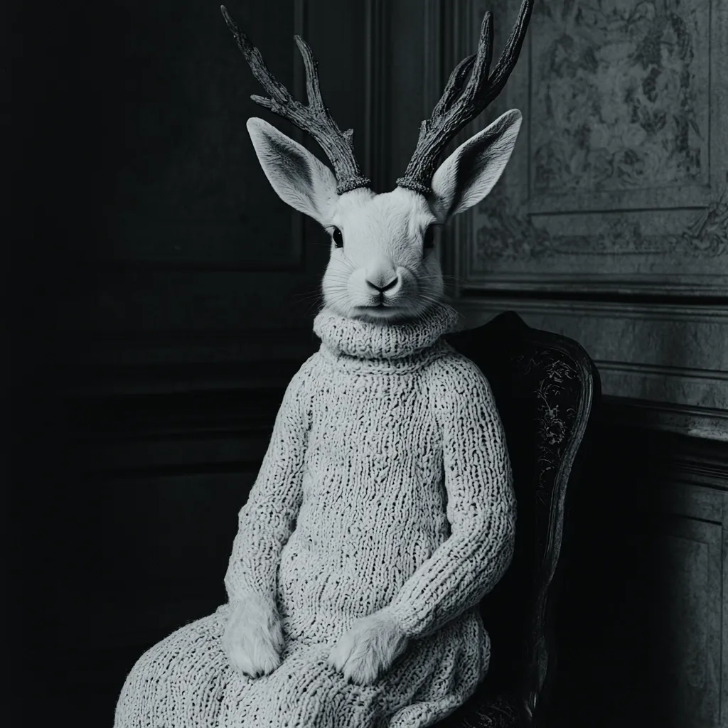 A monochrome image portrays a rabbit with deer antlers, seated in an antique chair.  The rabbit is dressed in a hand-knitted, light-grey turtleneck sweater that reaches its paws.  The setting is dark and moody, with ornate paneling suggesting a stately, possibly old, home. The overall effect is surreal and elegant.