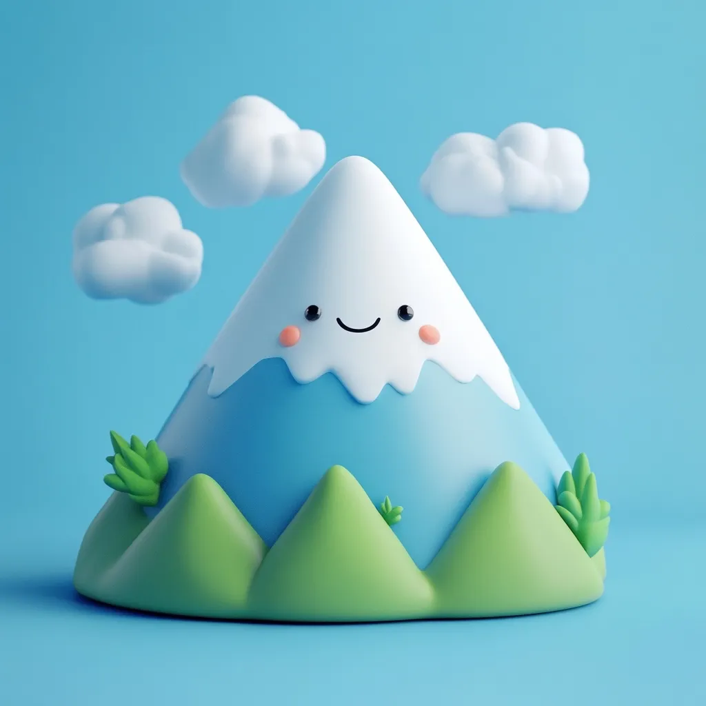 A cute, cartoon-style mountain with a smiling face sits against a light blue background.  The mountain is predominantly blue and green, with a white, snowy peak.  Small, fluffy white clouds float above it, adding to the whimsical scene.  The overall style is playful and childlike.