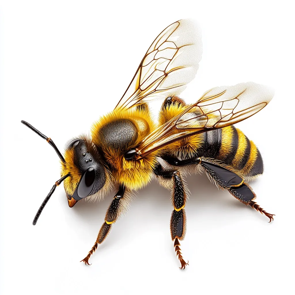 A detailed close-up reveals a honeybee, its body a blend of fuzzy yellow and dark stripes.  Translucent wings are spread wide, showcasing intricate veins.  The bee's legs and antennae are clearly visible against a stark white background, highlighting its intricate structure and vibrant colors. The image emphasizes the bee's hairy texture and segmented body.