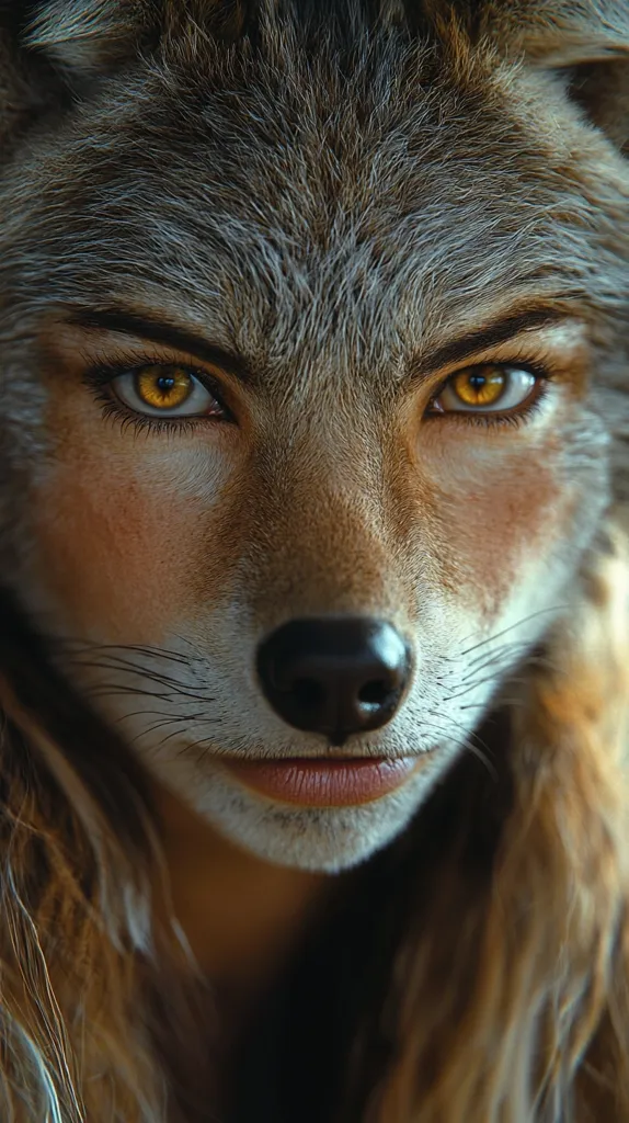 A close-up shot reveals a woman's face seamlessly blended with a coyote's features.  Her eyes, intensely golden, are framed by the animal's fur, which covers her forehead and cheeks. The coyote's nose and mouth are realistically superimposed, creating a striking anthropomorphic effect.  Her long, brown hair flows around her shoulders, contrasting with the coarse texture of the coyote's fur.  The overall image is surreal and captivating.