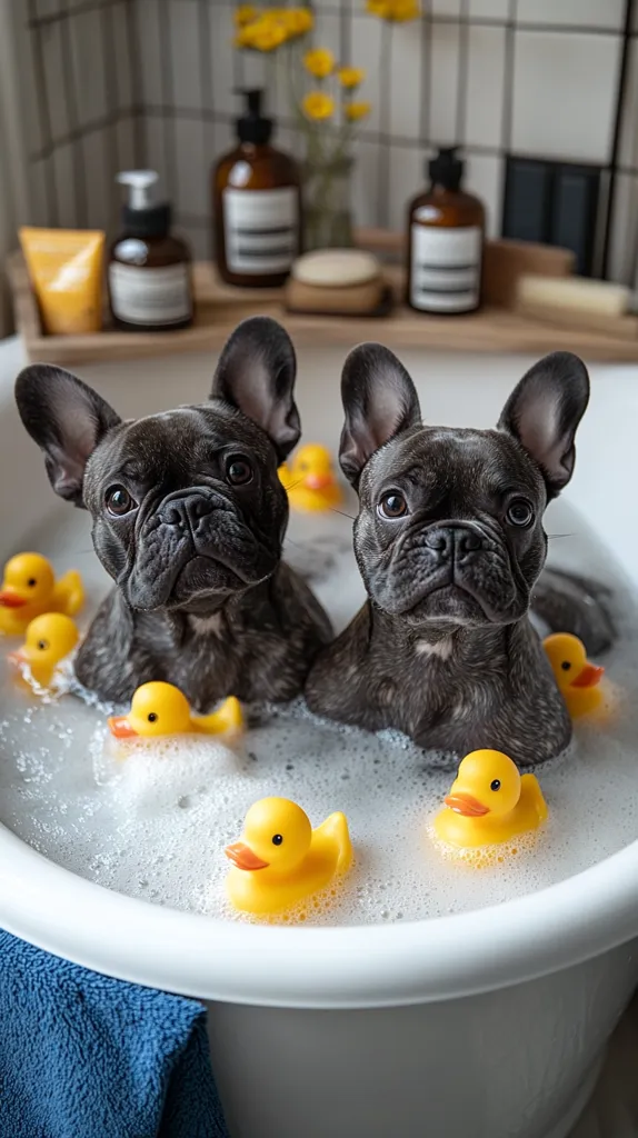 Two French bulldogs luxuriate in a bubbly bath, surrounded by cheerful yellow rubber duckies.  The dogs, black with expressive faces, sit contentedly in the white tub.  A background of toiletries and flowers adds a touch of spa-like ambiance to this charming scene of canine cleanliness.