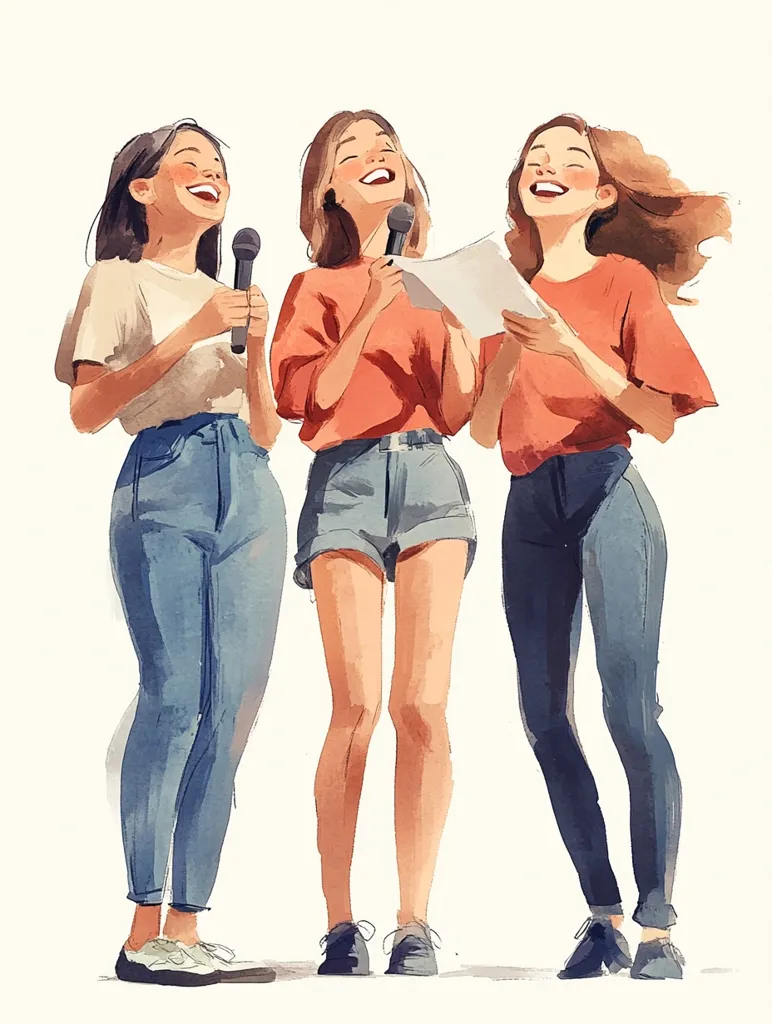 Three joyful young women stand together, each holding a microphone and a piece of paper.  They are laughing heartily, suggesting a lighthearted and fun atmosphere. One woman wears denim jeans, another denim shorts, and the third dark jeans. Their outfits are casual and comfortable. The watercolor style illustration evokes a feeling of carefree friendship and shared experience.