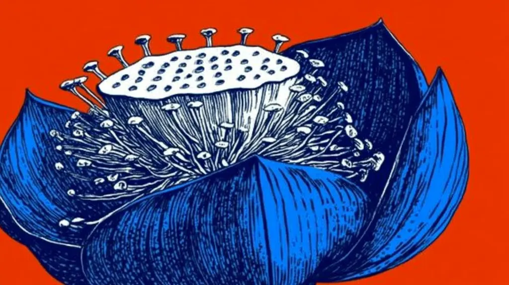 A stylized illustration of a lotus flower in bold blue and white against a vibrant orange background. The image showcases intricate detail of the flower's reproductive parts, with numerous stamens and pistils prominently displayed. The artistic style suggests a woodcut or linocut print, emphasizing strong lines and contrasting colors.  The overall effect is striking and visually impactful.
