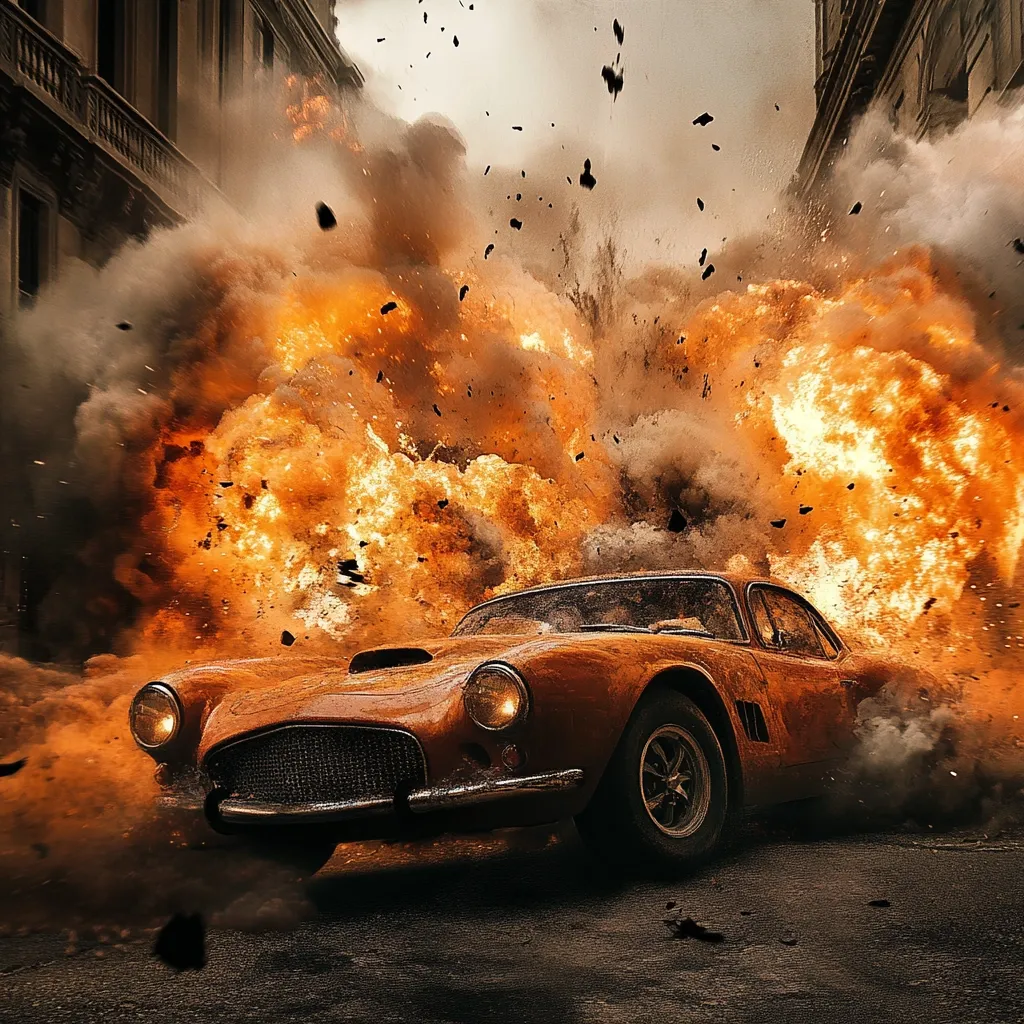 A vintage orange sports car speeds through a city street engulfed in a massive explosion.  Debris and flames erupt around the vehicle, creating a dramatic and chaotic scene.  The car appears to be in the midst of an intense action sequence, possibly a chase or attack. The background shows city buildings partially obscured by smoke and fire.