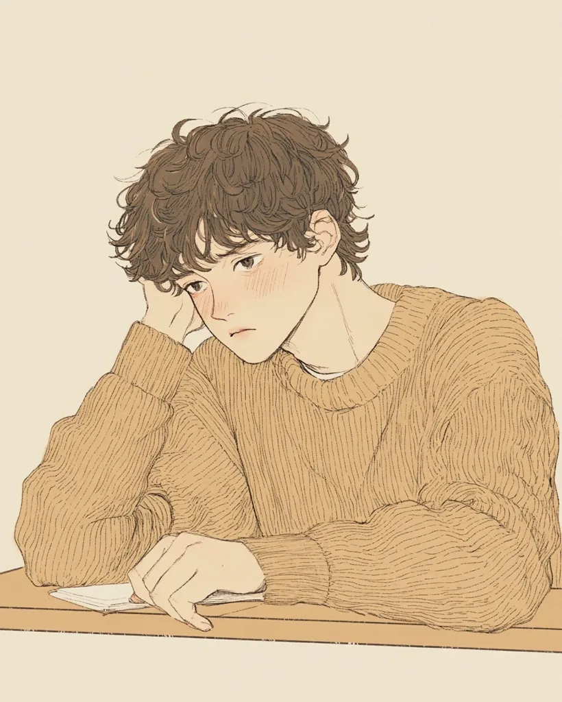 An illustration of a young man with brown, curly hair, wearing a light brown sweater. He rests his head on his hand, looking pensive, with a slightly melancholic expression.  He sits at a table, his other hand gently holding a small notebook or piece of paper. The style is soft, delicate, and reminiscent of minimalist anime.