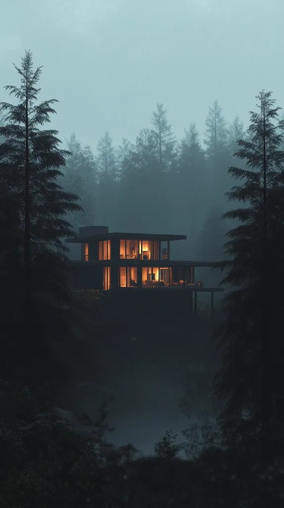 A modern, two-story house glows warmly amidst a dense, foggy forest at night.  Tall evergreens surround the structure, their silhouettes stark against the muted sky.  The home's windows illuminate the interior, creating a cozy contrast to the dark, misty surroundings.  The scene evokes a feeling of secluded tranquility and mystery.