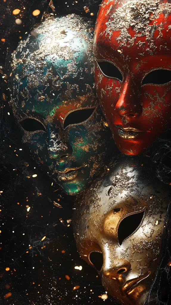 Three ornate Venetian masks, each with a unique color scheme of gold, red, and teal, are clustered together against a dark background speckled with golden sparks.  The masks are intricately detailed with a textured, aged appearance, suggesting a sense of mystery and antiquity.  The overall image evokes a feeling of drama and elegance.