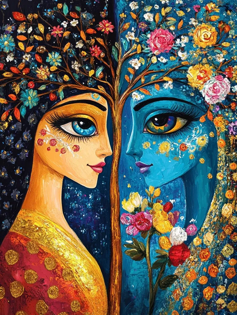 A vibrant, stylized painting depicts two women's faces, mirrored and joined by a flowering tree trunk.  One woman's skin is warm orange, the other a cool blue, representing contrasting yet unified aspects.  Their large eyes meet, conveying a sense of connection.  The background is a rich tapestry of dark and bright blues, interspersed with flowers and gold accents, suggesting a dreamlike, fantastical realm.  The painting's impasto technique adds texture and depth.