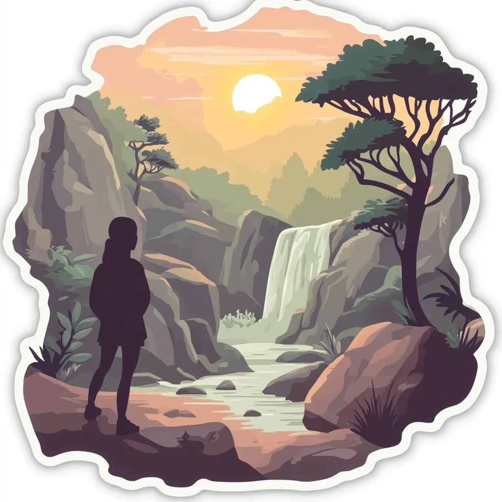 A serene landscape featuring a waterfall cascading down rocky cliffs.  A silhouetted female figure stands observing the scene at sunset, the sun a warm orb in the sky. Lush greenery and trees frame the waterfall and stream, creating a peaceful and tranquil atmosphere. The illustration is stylized with a muted color palette, emphasizing the calm beauty of nature.