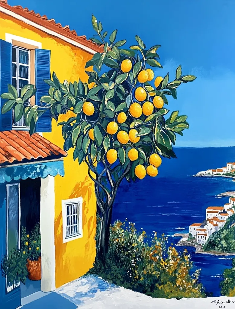 A vibrant painting depicts a sunny Mediterranean scene. A bright yellow house with blue shutters stands beside a laden orange tree.  The tree's branches are heavy with ripe fruit, contrasting against the deep blue sea and a picturesque coastal village in the background.  The style is bold and colorful, evoking a sense of warmth and tranquility.