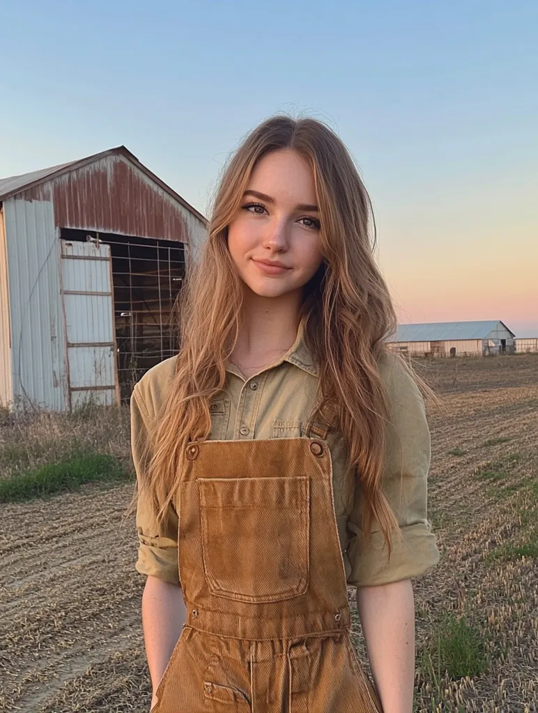 A young woman with long, wavy light brown hair stands in a field at sunset. She's wearing brown corduroy overalls over a light brown button-up shirt.  A rustic red barn and other farm buildings are visible in the background, creating a picturesque rural setting.  The overall mood is serene and idyllic.