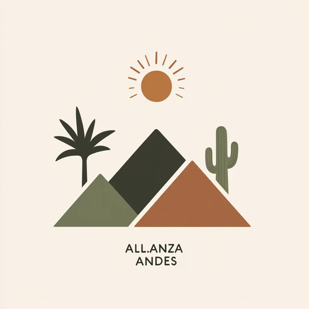 A minimalist design features stylized mountains in muted greens and browns, a sun, a palm tree, and a cactus.  The text "ALL.ANZA ANDES" is placed below, suggesting a brand or location related to the Andes mountains. The overall aesthetic is earthy and calm, evoking a sense of desert landscape.