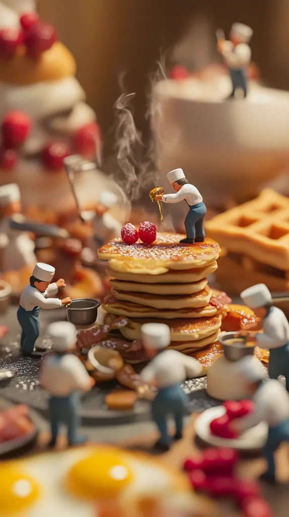 Miniature chefs prepare a towering stack of pancakes topped with fresh raspberries and powdered sugar.  Surrounding them are various breakfast items including eggs, bacon, and waffles, creating a whimsical, detailed scene of a bustling breakfast kitchen.  Steam rises from the pancakes, enhancing the feeling of warmth and deliciousness.  The tiny figures add a playful element to the otherwise realistic depiction of food.