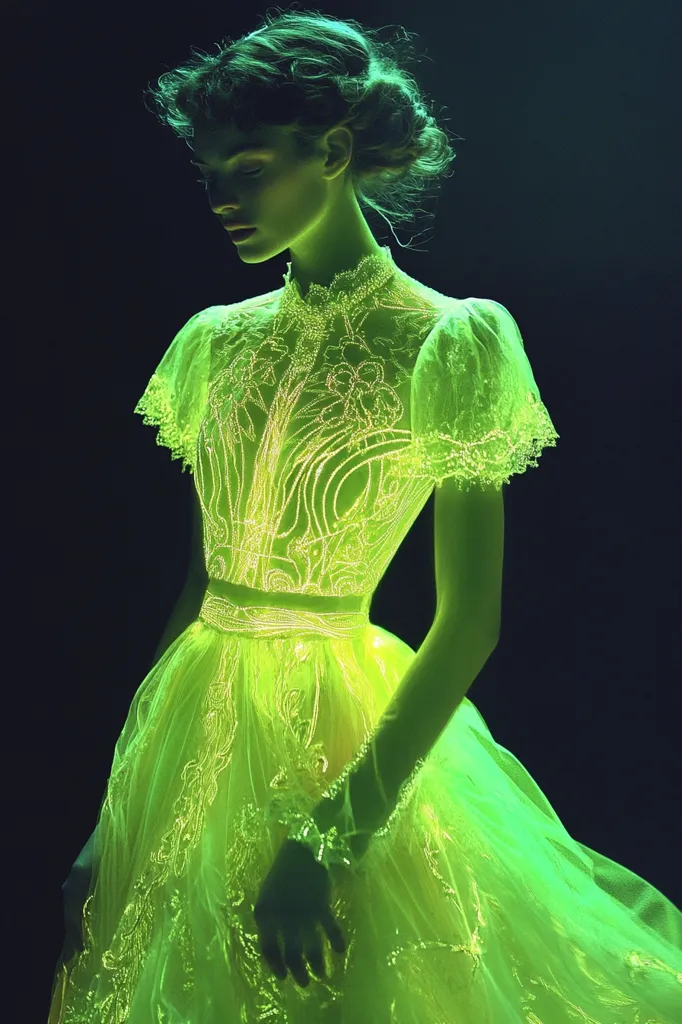 A woman in a luminous green gown stands against a dark background.  The dress, a sheer, flowing ballgown, features intricate, glowing embroidery. Her hair is styled up, and she holds her hands near her waist. The overall effect is ethereal and otherworldly, with the bright green contrasting sharply with the darkness. The image is striking and visually captivating.