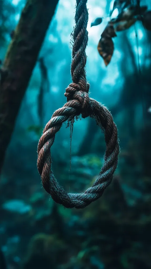 A close-up shot reveals a thick, dark rope fashioned into a noose, hanging against a blurred backdrop of a deep teal forest.  The rope appears weathered and textured, with hints of moss or lichen. The overall mood is somber and slightly unsettling, emphasizing the ominous nature of the noose.  The background is out of focus, drawing attention to the rope's detail and the unsettling implications of its form.
