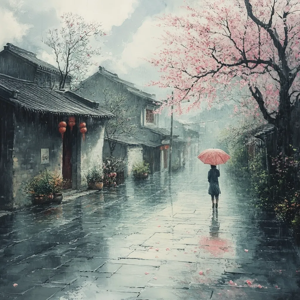 A solitary figure with a pink umbrella walks down a rain-soaked street in a traditional Chinese town.  Grey stone buildings line the narrow lane, adorned with flowering trees, particularly a prominent cherry blossom tree.  The wet cobblestones reflect the overcast sky and the falling blossoms.  Red lanterns hang from a building, adding a splash of color to the otherwise muted scene.  The atmosphere is peaceful and contemplative.