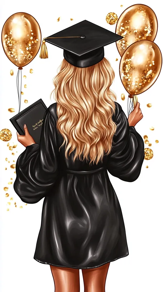 A back view illustration of a young woman celebrating graduation. She wears a black graduation gown and cap, her long blonde hair cascading down her back.  Three gold glitter balloons float beside her, adding to the festive atmosphere. She holds a graduation certificate in one hand. Gold confetti sparkles around her, symbolizing joy and accomplishment.