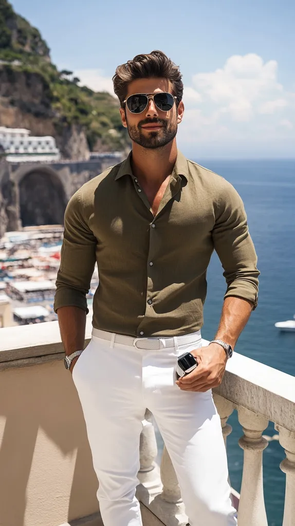 A stylish man with dark hair and sunglasses stands on a balcony overlooking a scenic coastal town. He's dressed in a sophisticated olive green long-sleeved shirt and crisp white trousers, exuding a clean and effortlessly chic summer look.  The ocean and distant buildings provide a picturesque backdrop. His relaxed pose suggests a carefree and confident demeanor.