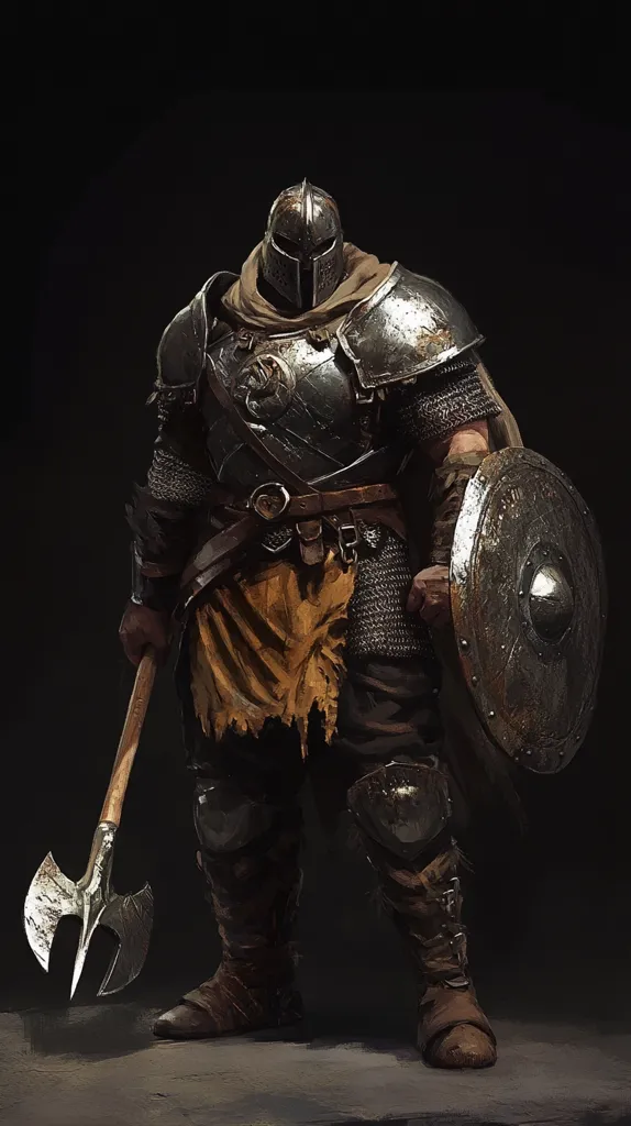 A weathered warrior stands defiantly, clad in battered metal armor.  A large, round shield rests on his left arm, while he grips a formidable, two-bladed axe in his right.  His helmet obscures his face, and a tattered, orange-brown cloth hangs beneath his armor. The dark background accentuates the warrior’s imposing figure and worn equipment.  The overall image evokes a sense of grim determination and battle-hardened experience.