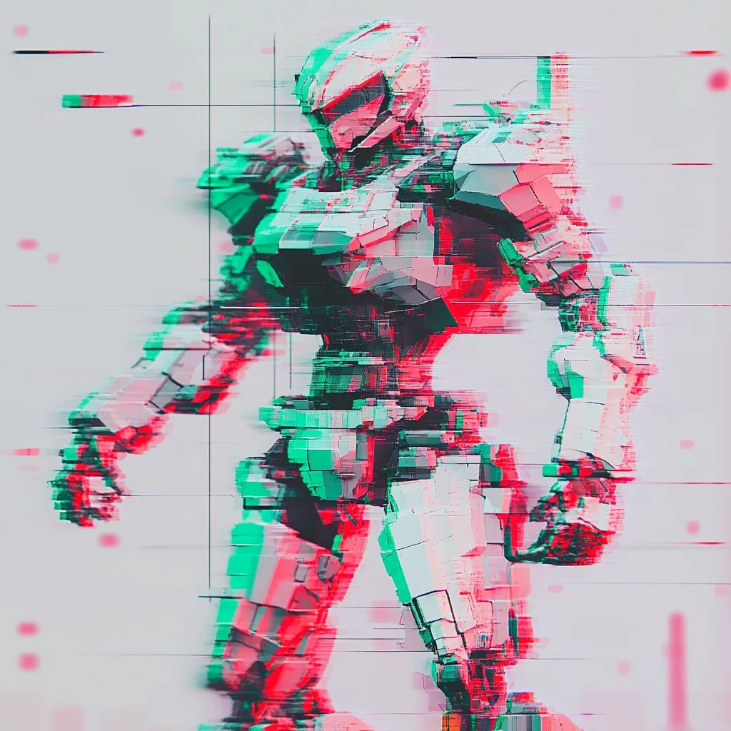 A stylized digital illustration depicts a futuristic mecha robot, rendered in a glitch-art aesthetic.  The robot is predominantly white and grey, with accents of teal and pink, reflecting a fragmented, distorted appearance.  Its design is blocky and angular, suggesting a powerful and robust build. The overall effect is a blend of futuristic technology and visual disruption.