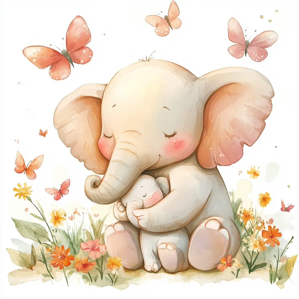 A watercolor illustration depicts a heartwarming scene of a mother elephant tenderly embracing her baby.  Surrounded by wildflowers and delicate butterflies, the elephants are portrayed with soft features and pastel colors, creating a gentle and loving atmosphere. The image evokes feelings of warmth, affection, and the bond between parent and child.