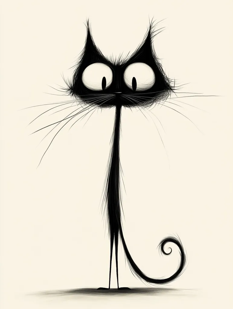 A whimsical illustration of a black cat with exaggerated features.  Its large, round eyes and long, thin body give it a quirky, almost comical appearance.  The cat's fur is depicted with expressive, wispy lines, and its tail curls into a playful spiral. The overall style is minimalist, using only black and white to create a striking image.