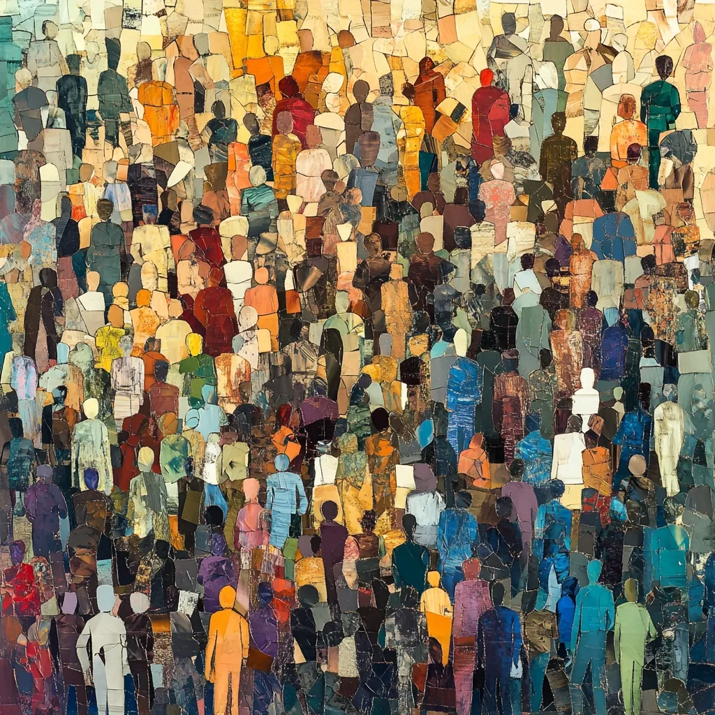 A vibrant mosaic artwork depicts a large crowd of people, each figure rendered in a diverse palette of colors and textures.  The individuals are densely packed, creating a sense of anonymity within the collective.  The style suggests a collage or patchwork effect, with each person appearing as a distinct fragment contributing to the overall image of a bustling, multifaceted human gathering. The color scheme is rich and varied, with warm and cool tones intermingled.