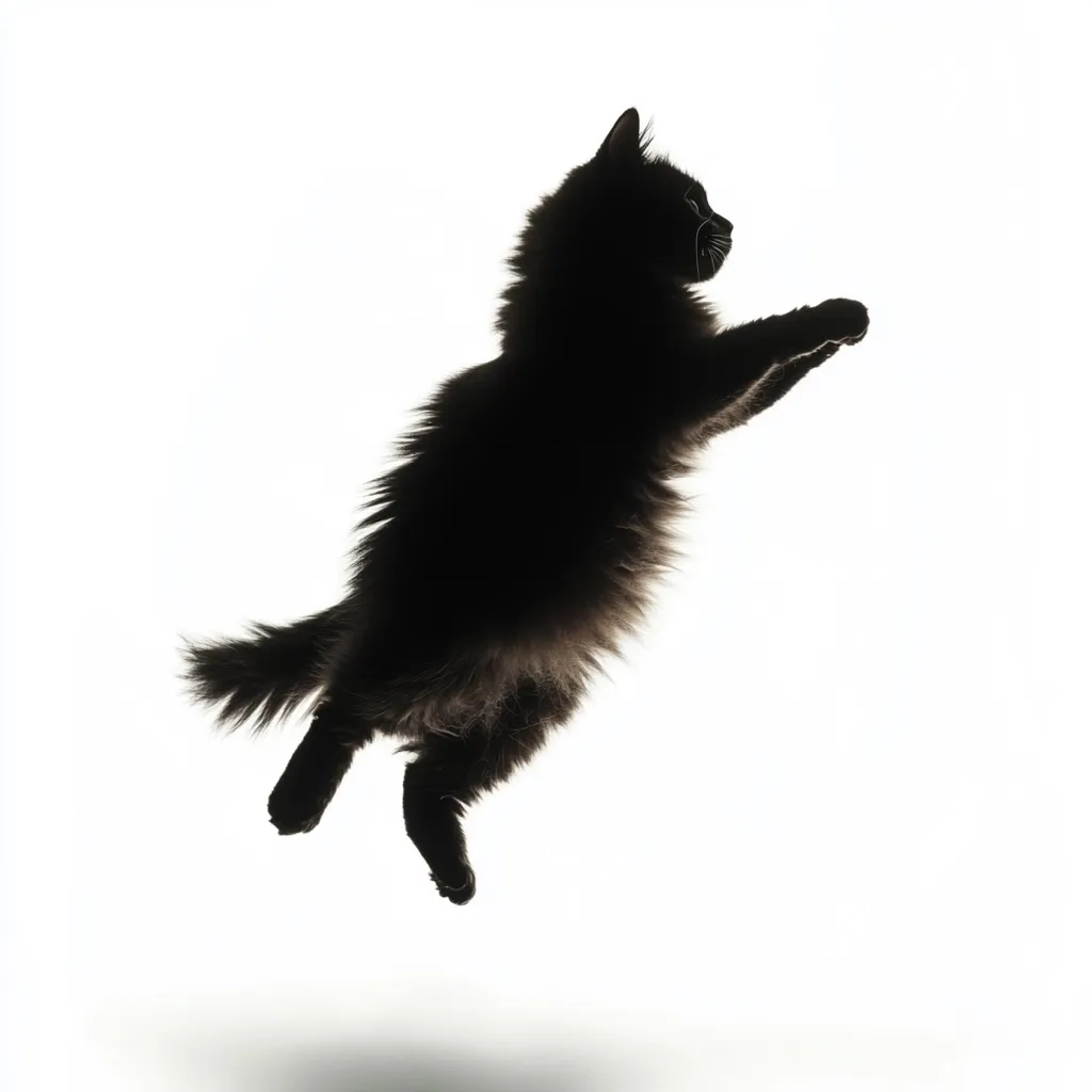 A silhouette of a long-haired black cat leaping mid-air against a bright white background.  The cat's body is arched, paws extended, creating a dynamic and elegant pose. The image emphasizes the cat's fluffy fur and graceful movement, showcasing a moment of playful energy.  The stark contrast between the dark cat and the white background highlights the cat's form.