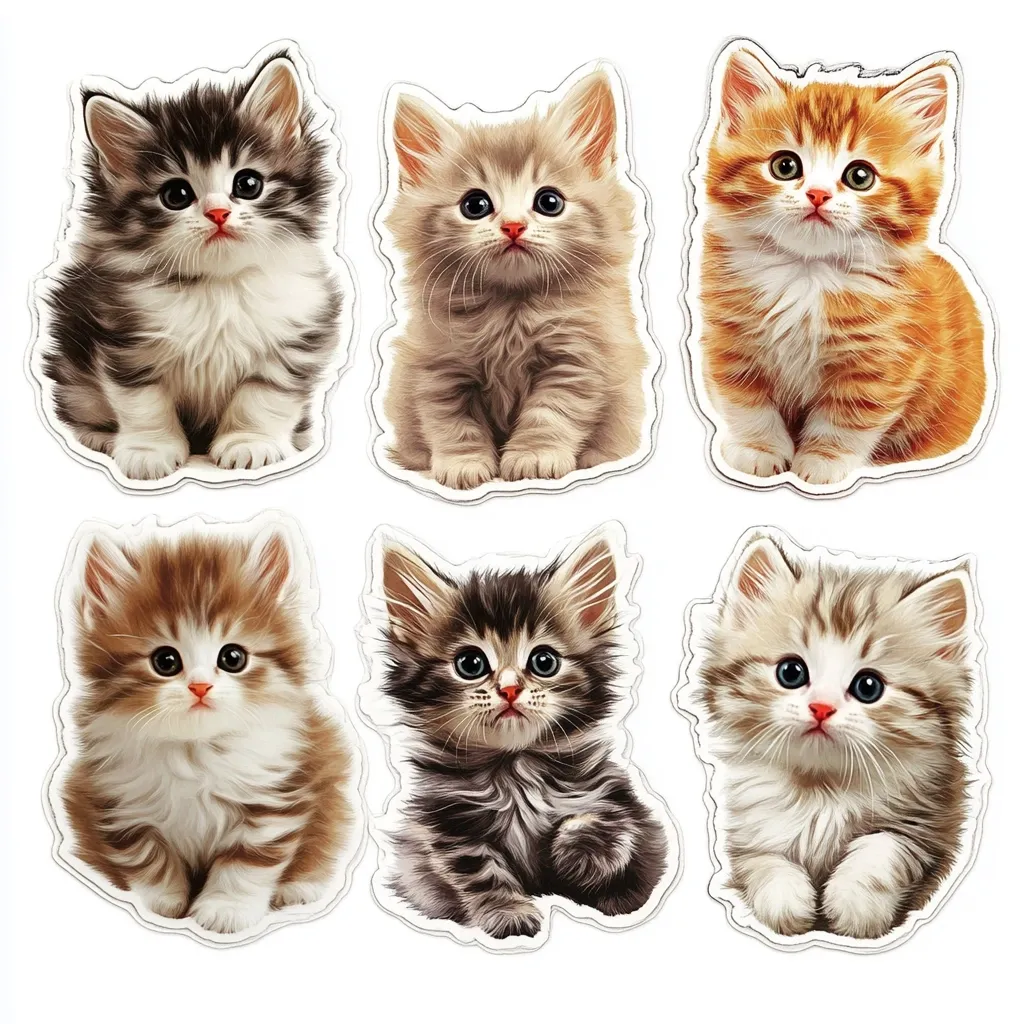 Six adorable kitten images are presented, each showcasing a unique coat pattern.  The kittens are depicted in a seated position, their fluffy fur and expressive eyes emphasized.  Colors range from brown tabby and grey to ginger and calico. The images are likely stickers or magnets, suitable for cat lovers or decorative purposes.
