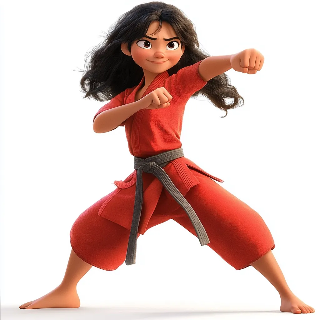 A spirited animated girl with long dark hair is depicted in a fighting stance.  She wears a red karate gi with a gray belt, her expression determined.  Her pose suggests power and agility, highlighting her athleticism and readiness for action.  The background is plain white, focusing attention solely on the character.