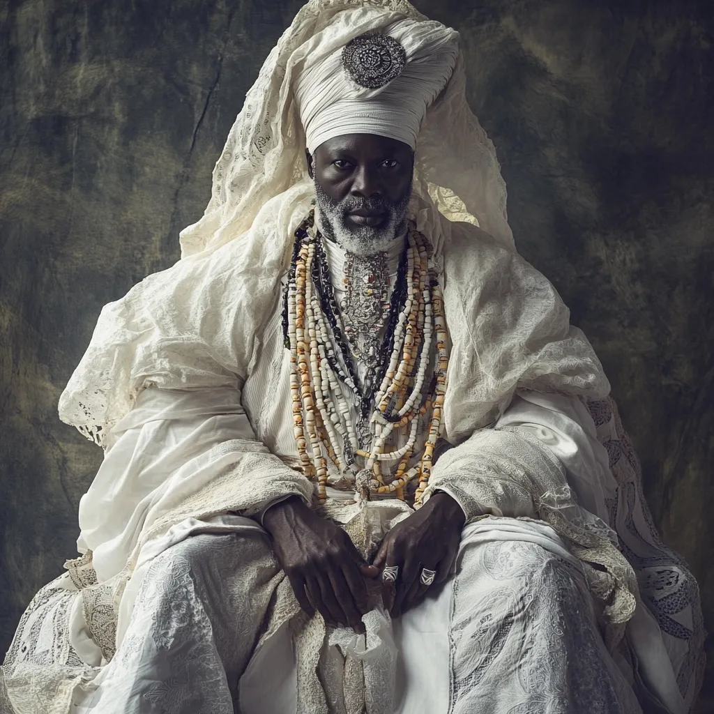 A portrait of a regal-looking man, possibly a spiritual leader, adorned in elaborate white clothing with intricate lace detailing.  He wears a white turban with a silver embellishment and numerous beaded necklaces. His dark skin and serious expression convey a sense of authority and wisdom. The background is a muted, dark green, emphasizing the figure's attire and presence.