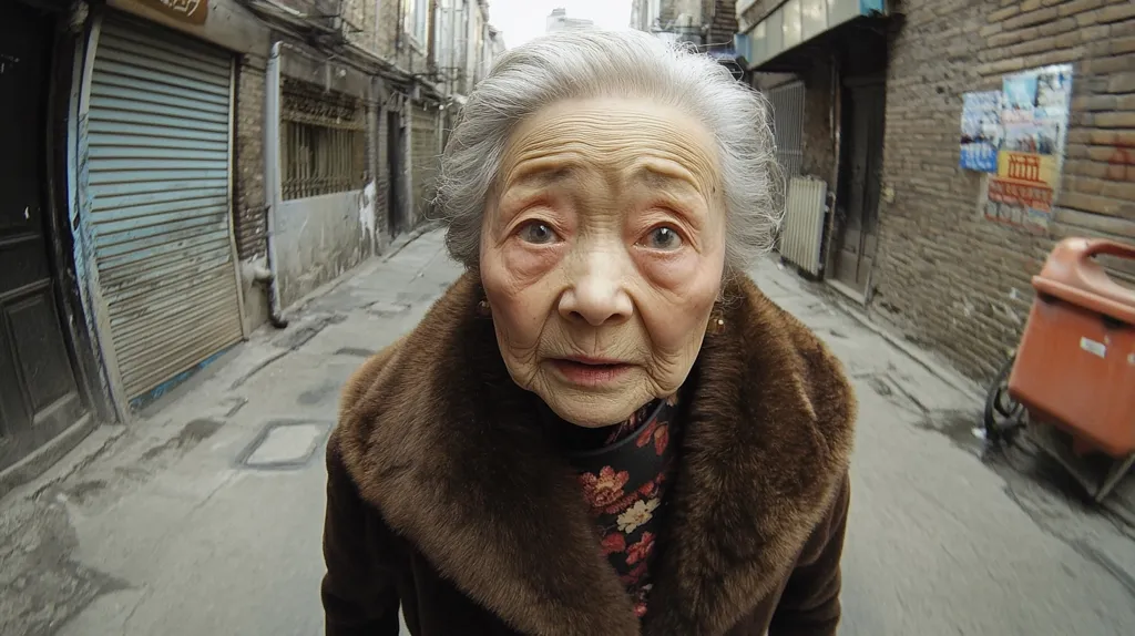An elderly Asian woman with gray hair stares directly at the camera.  She wears a brown fur-collared coat and a floral patterned blouse. The background is a narrow, aged alleyway in what appears to be an Asian city, with weathered brick buildings and closed shop fronts visible. The overall impression is one of age, resilience, and a somewhat austere urban setting.