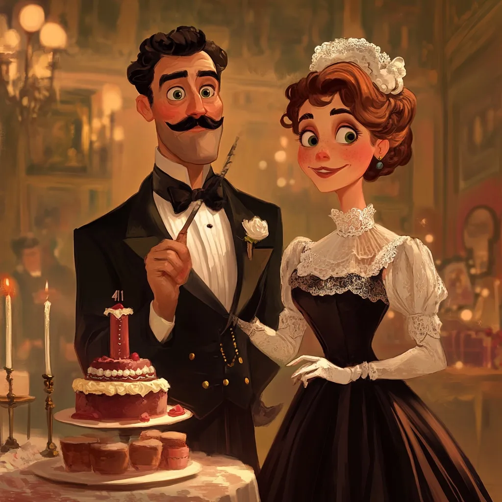 A stylishly dressed couple, he in a tuxedo and she in a Victorian-era gown, stand before a birthday cake.  The man holds a cake server, his mustache prominent. The woman's dress features lace detailing and long gloves.  The scene is set in a warmly lit, elegant ballroom with other figures subtly visible in the background.  The overall style is reminiscent of animation or concept art.