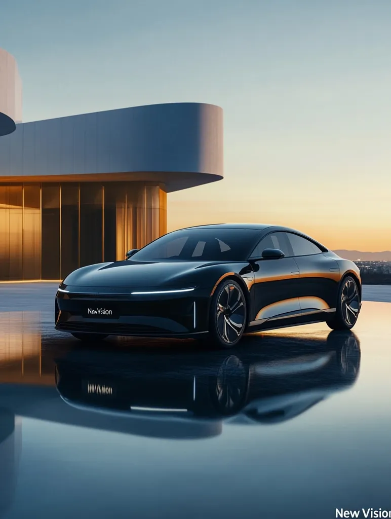 A sleek, black New Vision electric vehicle is showcased in front of a modern, minimalist building at sunset.  The car's reflection is perfectly mirrored on the wet ground, enhancing its futuristic design. The scene is serene and emphasizes the car's elegant lines and sophisticated aesthetic.  The overall ambiance is one of luxury and technological advancement.