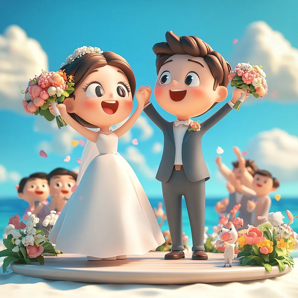 A charming 3D illustration depicts a happy couple on their wedding day.  The bride and groom, rendered in a cute, cartoonish style, joyfully raise their arms, bouquets in hand. They stand on a beach setting with other wedding guests and floral decorations, creating a scene of joyous celebration and marital bliss.  The bright colors and cheerful expressions evoke a feeling of warmth and happiness.