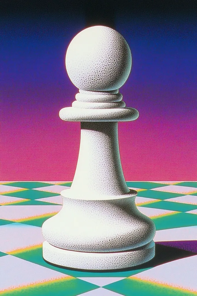 A stylized white chess pawn stands on a vibrant, multicolored chessboard.  The pawn is rendered with a textured, almost granular surface, giving it a three-dimensional feel.  The background features a gradient of purple and pink, contrasting with the bright, almost neon, colors of the board.  The image is a graphic representation, highlighting the pawn as a central focus.