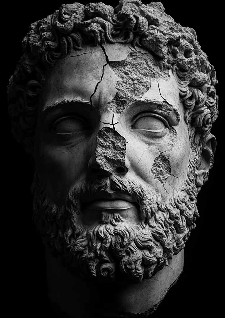 A black and white close-up shot reveals a weathered, fragmented marble bust of a bearded man.  The stone shows significant damage and cracks, particularly across the face.  The man's curly hair is meticulously detailed, contrasting with the fragmented state of his features. The image evokes a sense of age, loss, and the passage of time.