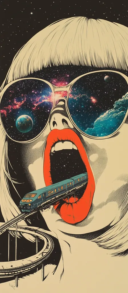 A stylized illustration depicts a woman with a bob haircut and oversized sunglasses.  The lenses reflect a vibrant cosmos, showcasing planets and nebulae.  Her mouth is open wide, and a train travels directly into her open mouth, seemingly entering a space-like interior. The scene is surreal and visually striking, blending elements of pop art and cosmic imagery.