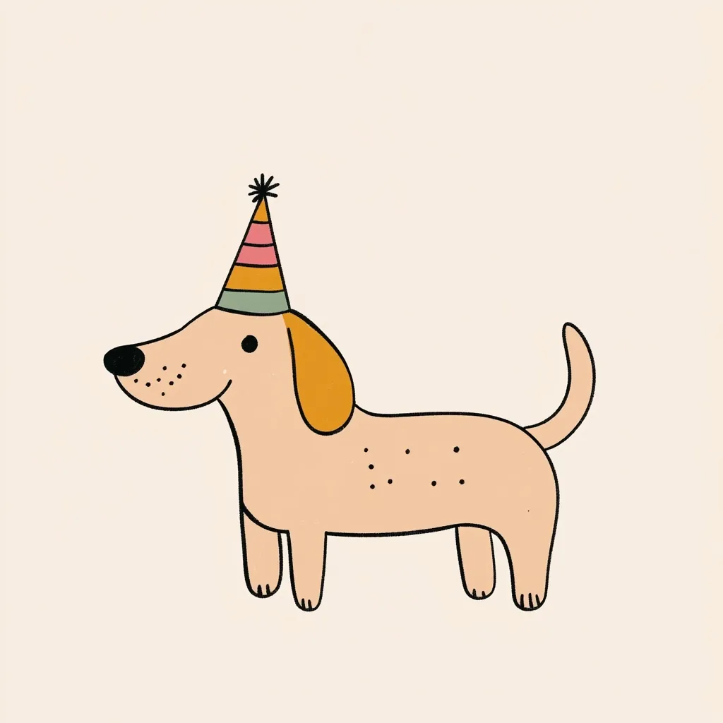 A cute cartoon dachshund wearing a colorful party hat is the focus of this simple illustration. The dog is light peach with darker peach ears and small dark spots.  The party hat is striped in pink, orange, and green.  The style is minimalist and childlike, suitable for greeting cards or children's products.