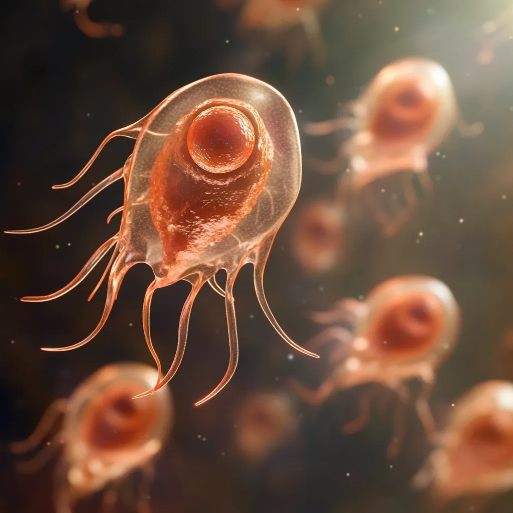 The microscopic image showcases numerous Giardia lamblia parasites.  These single-celled organisms, characterized by their pear-shaped bodies and multiple flagella, are a common cause of intestinal infections. The central parasite is in sharp focus, while others are blurred in the background, highlighting their abundance during infection.  The image's warm tones and depth of field create a visually striking representation of this microscopic pathogen.