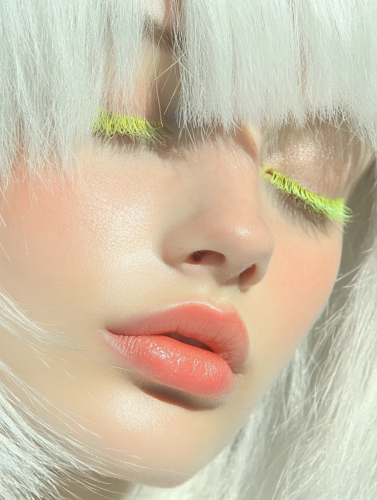 Close-up of a woman's face with platinum blonde, blunt-cut bangs.  Her makeup features a bright, neon yellow eyeliner and a soft, peach-toned lipstick.  The overall aesthetic is clean, bright, and subtly futuristic.  Her skin has a luminous quality, enhancing the overall ethereal feel.