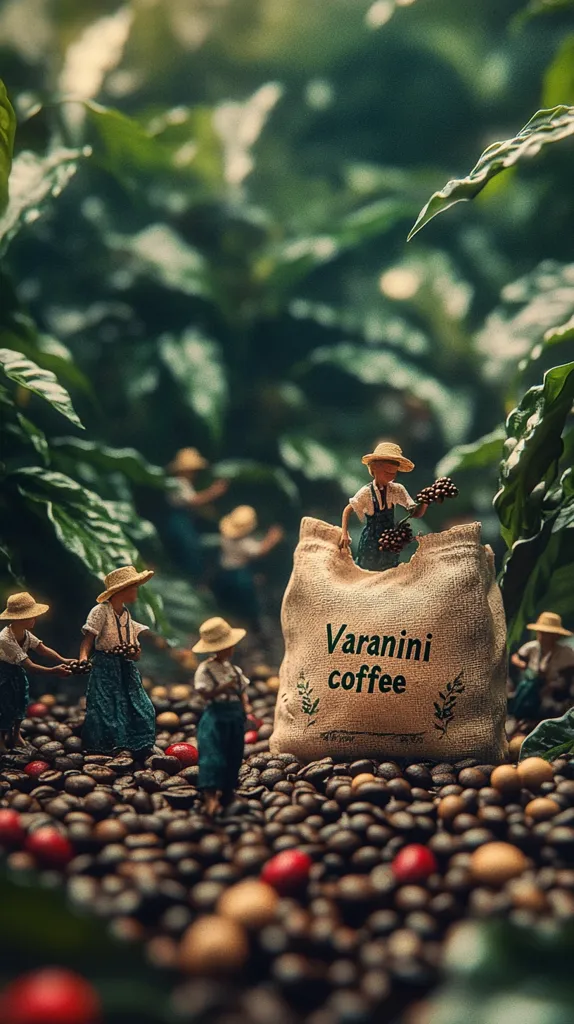 Miniature figures of coffee farmers harvest beans and fill a burlap sack labeled "Varanini Coffee."  The scene is set amidst a lush coffee plantation, with the ground covered in coffee beans and interspersed with red berries.  The image evokes a sense of scale and the meticulous work involved in coffee production.