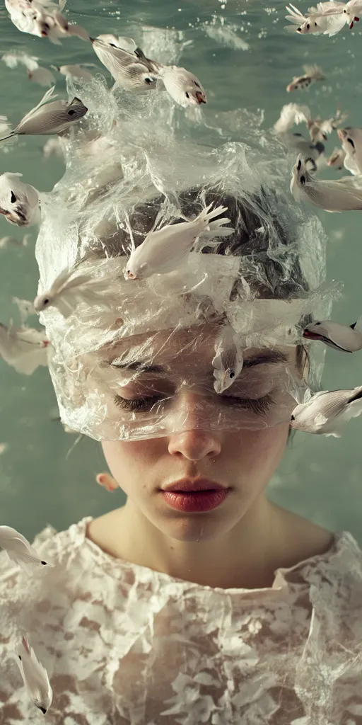 A young woman's face is partially obscured by a plastic sheet, surrounded by numerous small, pale fish swimming underwater.  Her eyes are closed, and she appears serene. The plastic clings to her face, creating a surreal and slightly unsettling image.  She wears a delicate, white lace top, further emphasizing the contrast between fragility and the suffocating plastic. The overall effect is dreamlike and evocative.